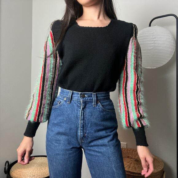 vintage 60s black wool angora striped balloon sleeve knit sweater - Picture 2 of 10